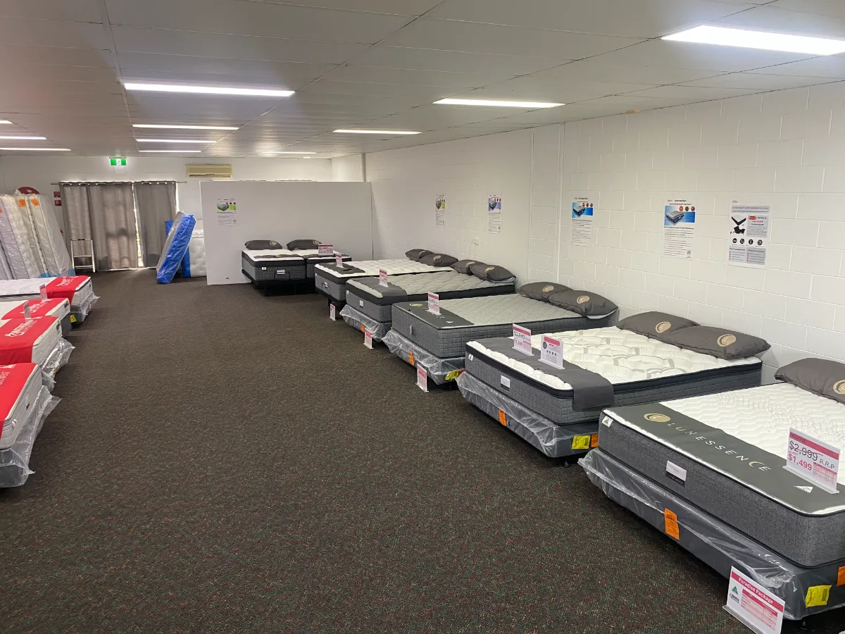 The Mattress Outlet Townsville showroom, with rows of Australian-made mattresses on display